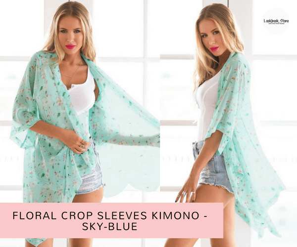 Floral Crop Sleeves Kimono - Sky-blue | Lookbook Store
