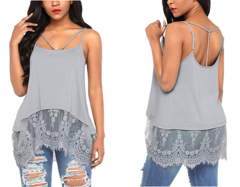 Grey Sheer Lace-Hem Strappy Blouse | Lookbook Store