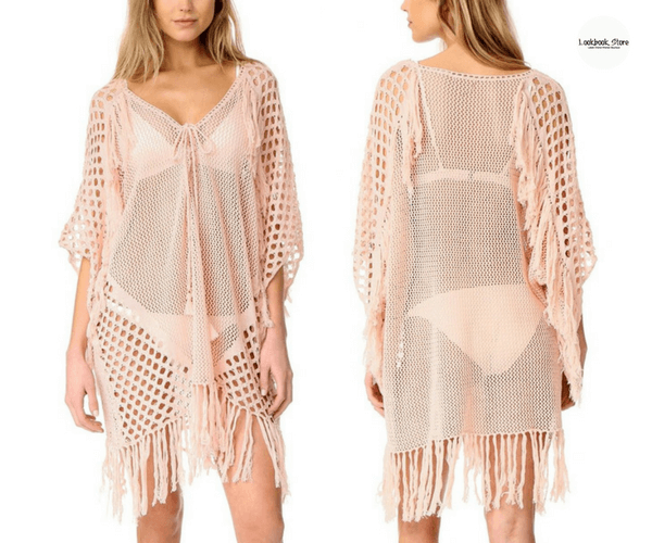 Light Pink Lace-Up Fishnet Kaftan Cover-Up - Lookbook Store