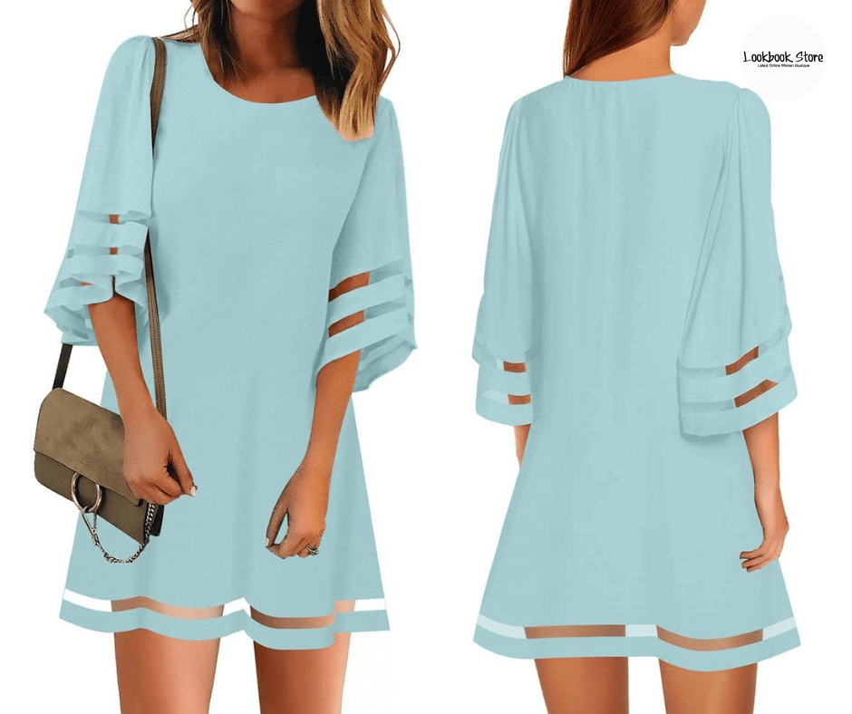 Light Blue 3/4 Bell Sleeves Mesh Panel Crew Neckline Loose Dress