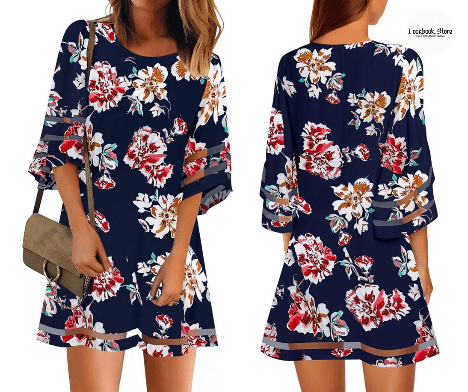 Navy 3/4 Bell Sleeves Mesh Panel Crew Neckline Floral Loose Dress