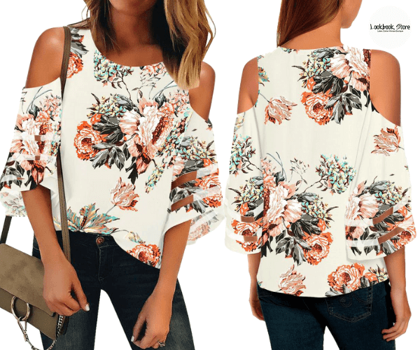 Off-White 3/4 Bell Mesh Panel Sleeves Cold-Shoulder Floral Loose Top | Lookbook Store