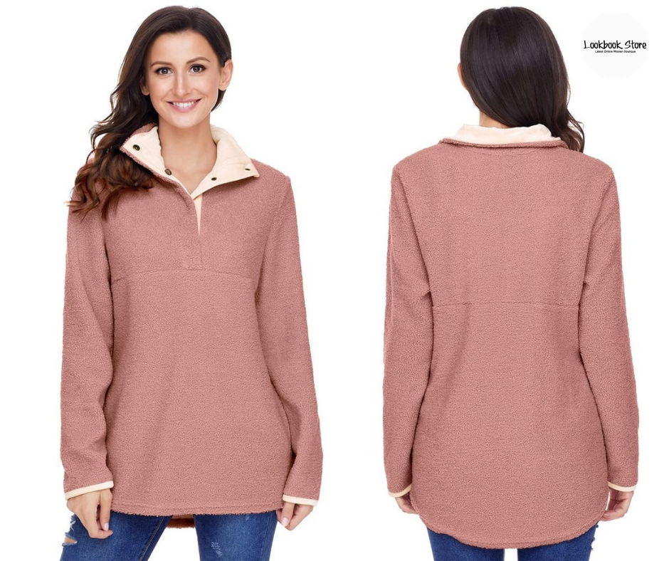 Old Rose Button-Front Fleece Pullover