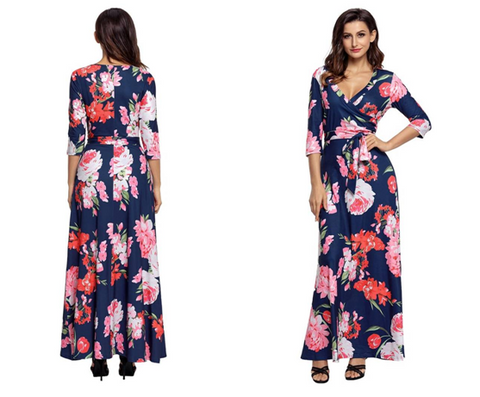 Navy Floral-Print Boho Long Faux Wrap Maxi Dress | Lookbook Store
