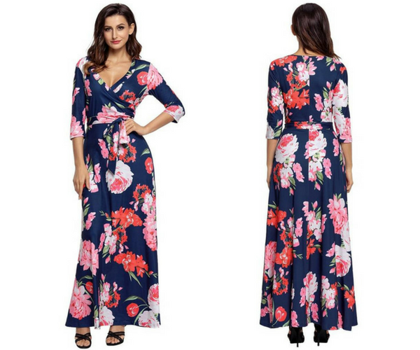Navy Floral Print Boho Long Faux Wrap Dress | Lookbook Store