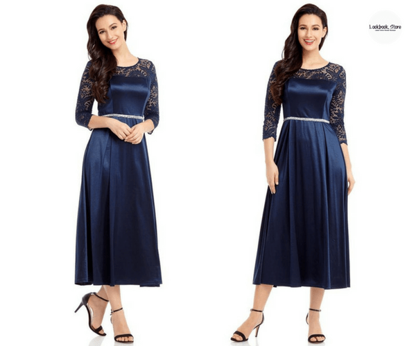 Navy Lace-Sleeve Long Satin Dress | Lookbook Store