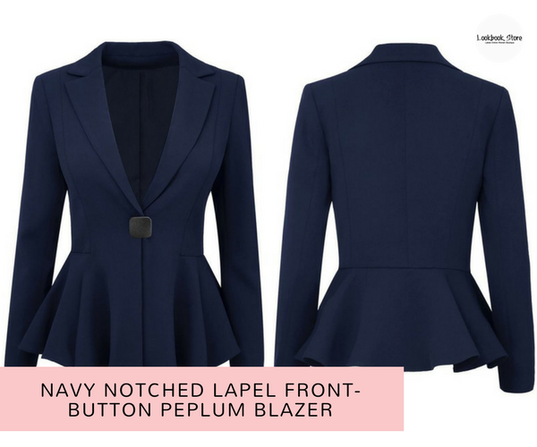 Navy Notched Lapel Front-Button Peplum Blazer | Lookbook Store