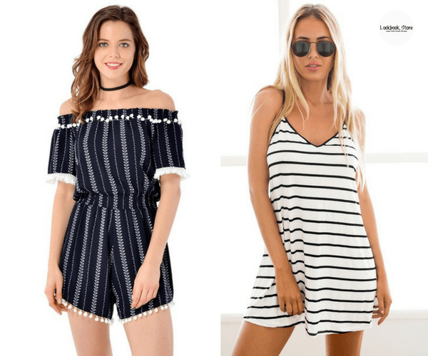 Navy Pompom Off-Shoulder Romper and Black and White Stripe Dress | Lookbook Store