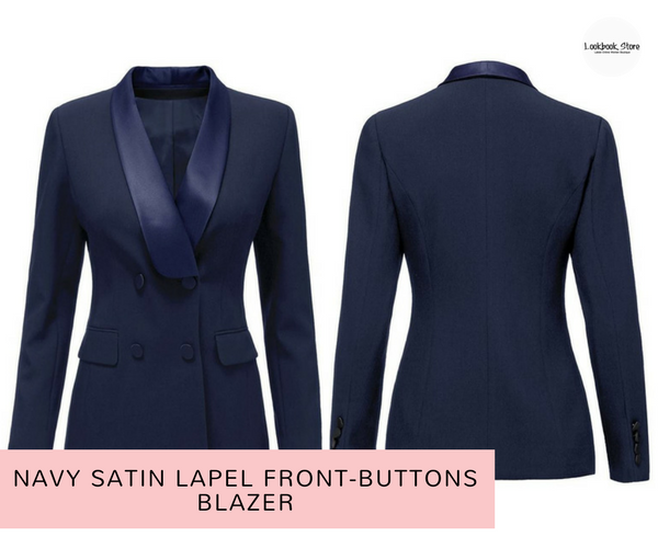 Navy Satin Lapel Front-Buttons Blazer | Lookbook Store