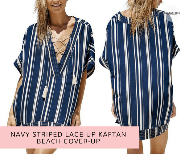 Navy Striped Lace-Up Kaftan Beach Cover-Up | Lookbook Store