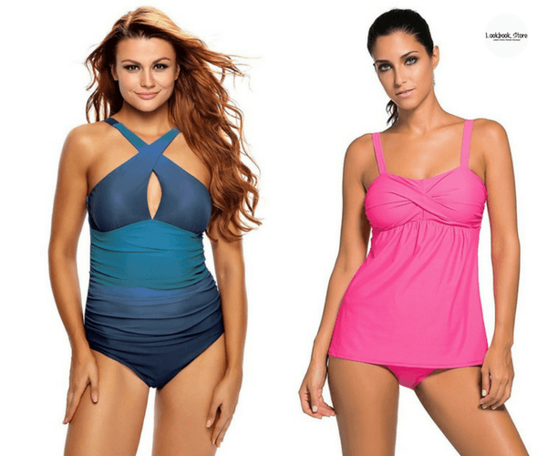 Ocean Blue Crisscross Swimsuit and Solid Pink Swing Tankini Set | Lookbook Store