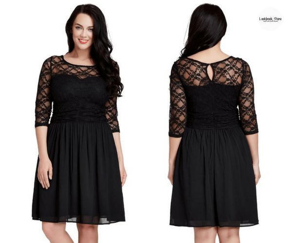 Plus Size Black Lace Crop-Sleeves Skater Dress | Lookbook Store