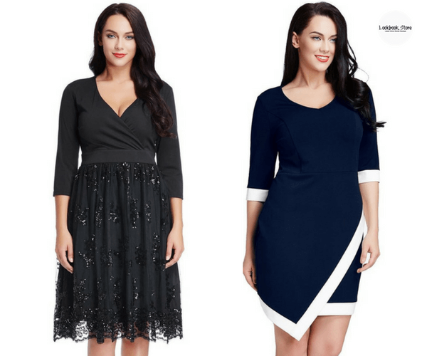 Plus Size Black Mesh Bottom Surplice Dress and Plus Size Navy Asymmetric Wrap Bodycon Dress- Lookbook Store