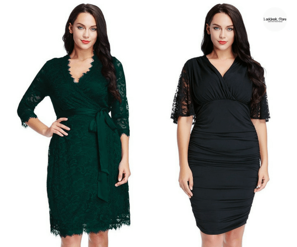Plus Size Deep Green Lace Crop Sleeves Wrap Dress and Plus Size Black Runching Bodycon Dress - Lookbook Store