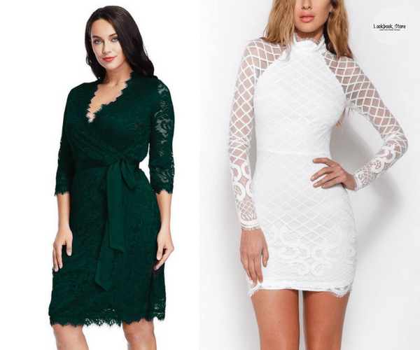 Plus Size Deep Green Lace Crop Sleeves Wrap Dress and White Diamond Lace Dress | Lookbook Store