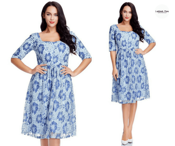 Plus Size Light Blue Floral-Print Lace Dress - Lookbook Store