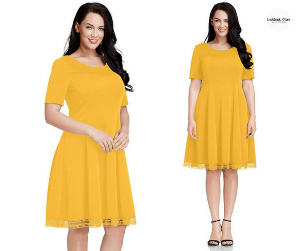 Plus Size Mustard Yellow Short-Sleeves Skater Dress - Lookbook Store