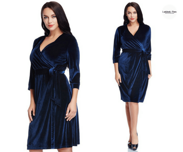 Plus Size Navy Blue Velvet Wrap Dress - Lookbook Store