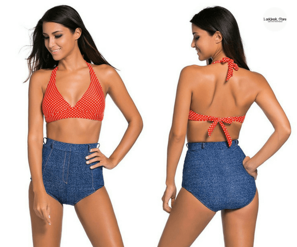 Red Polka Dots High-Waist Bikini Set | Lookbook Store