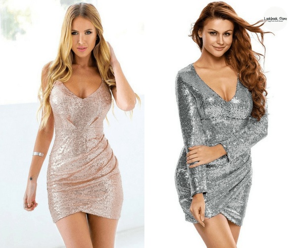 Rose Gold Sequin Cocktail Slip Dress and Silver Plunge-Neck Sequin Dress | Lookbook Store