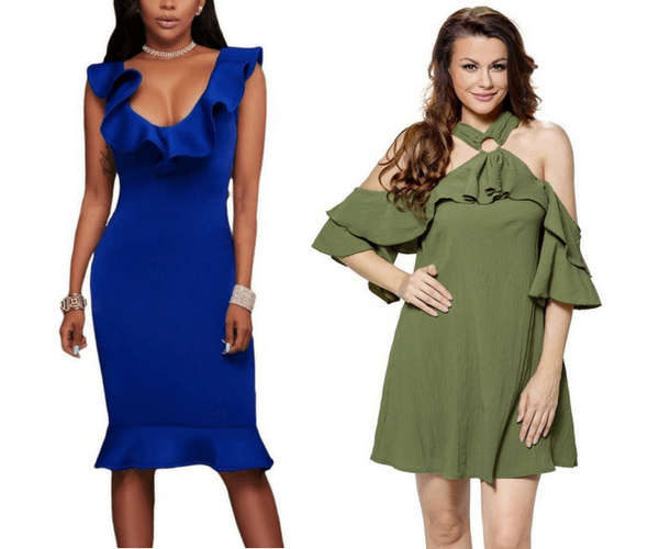 Royal Blue Mermaid-Hem Ruffled Bodycon Dress and Olive Green O-Ring Ruffled Cold-Shoulder Halter Dress | Lookbook Store