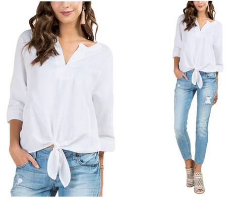 White V-Neck 3/4 Sleeves Knot Tie-Front Blouse | Lookbook Store