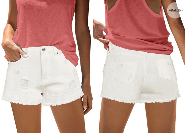 White Frayed Raw Hem Distressed Denim Shorts - Lookbook Store