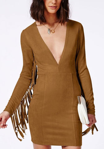 Brown Suede Fringe Sleeve Dress | Lookbook Store