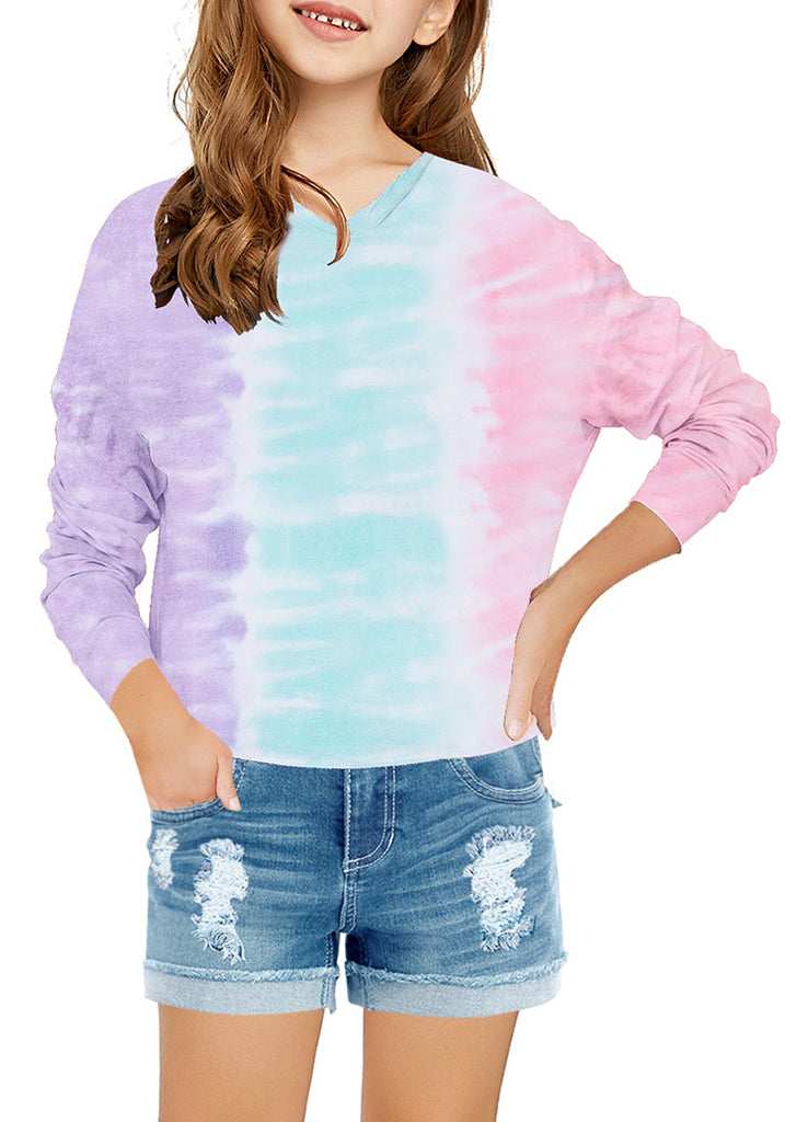 Tricolor Tie-Dye Long Sleeves Hooded Pullover Girls' Top | Lookbook Store