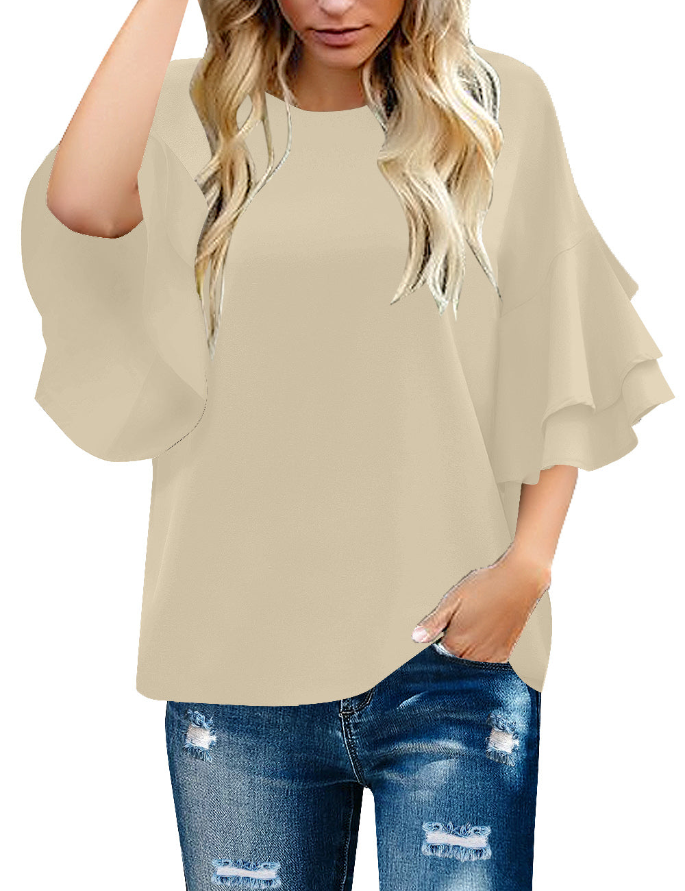 Beige Ruffle Short Sleeve Casual Top Blouse | Lookbook Store