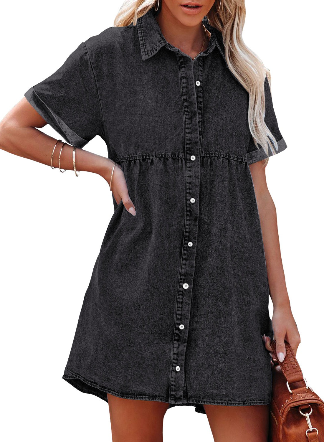 Women's Short Sleeve Button Down Flowy Tiered Babydoll Denim Dress ...