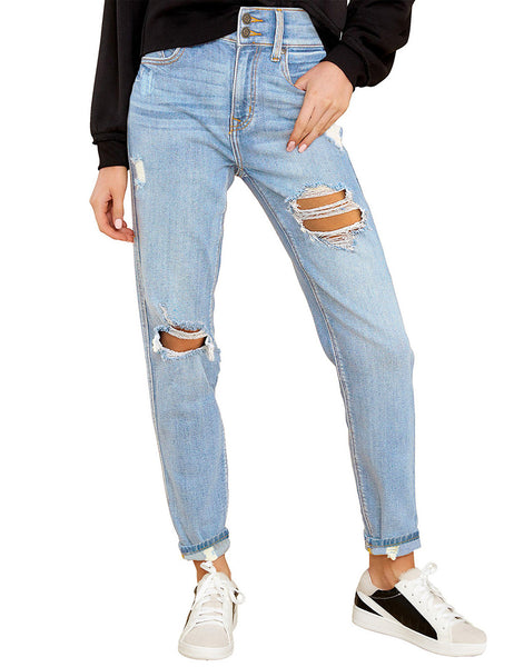 Sky Blue Double-Button Distressed Denim Jeans | Lookbook Store