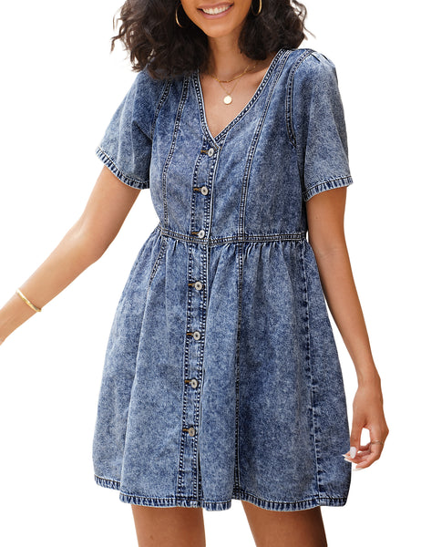 Dark Blue V-Neckline Button-Down Denim Skater Dress | Lookbook Store