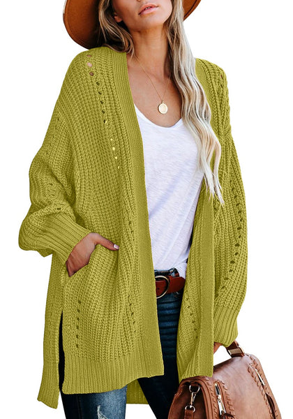 Yellow Green Open-Front Side Slit Oversized Cable Knit Cardigan ...