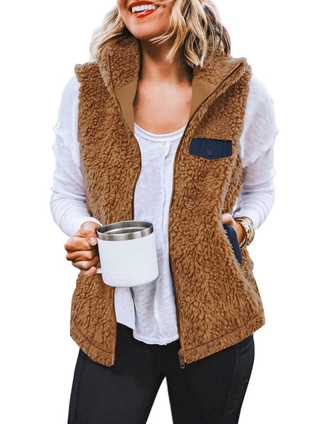 Camel Stand Collar Zip-Up Fleece Vest | Lookbook Store