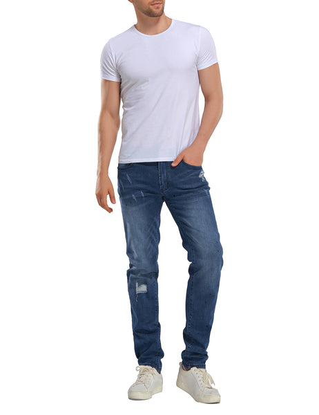 Men's dark blue casual ripped skinny jeans | Lookbook Store