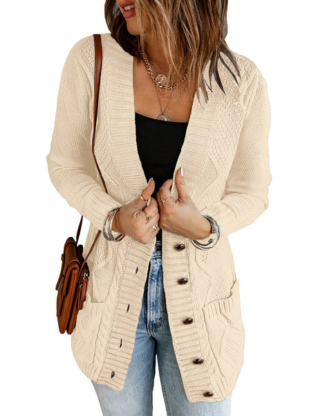 Beige Front Pockets Button-Up Cable Knit Cardigan | Lookbook Store