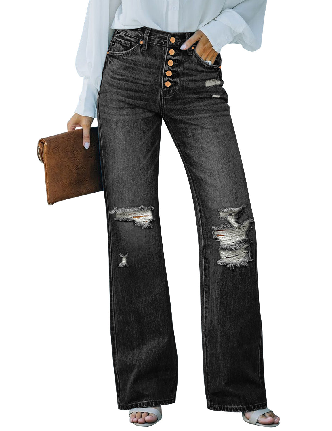 TheyLook Womens Denim Stretch Flare Jeans Frayed High Split Bell Bottom  Pants with Ripped Hole at  Women's Jeans store