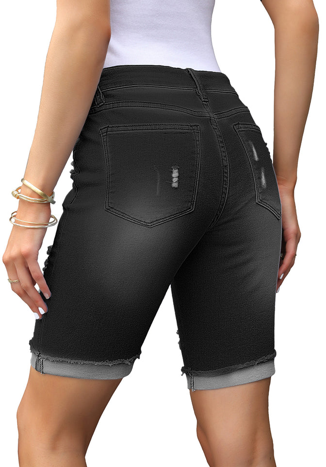 Black Plus Size Mid-Waist Ripped Denim Bermuda Shorts – Lookbook Store