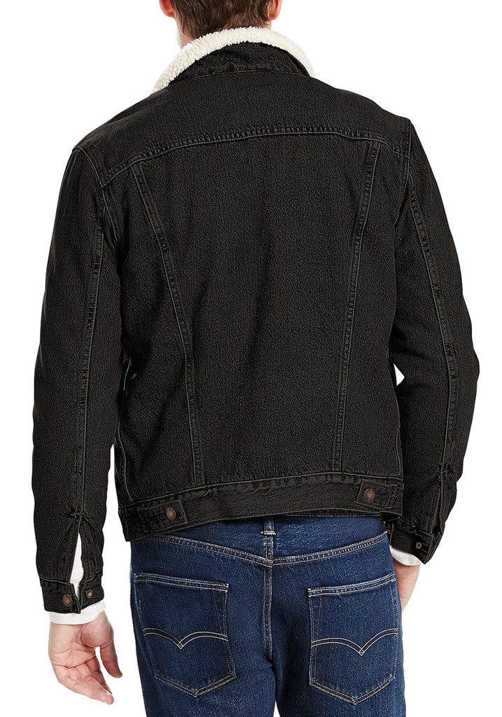 Men's Black Faux Fur Lapel Button Down Denim Jacket | Lookbook Store