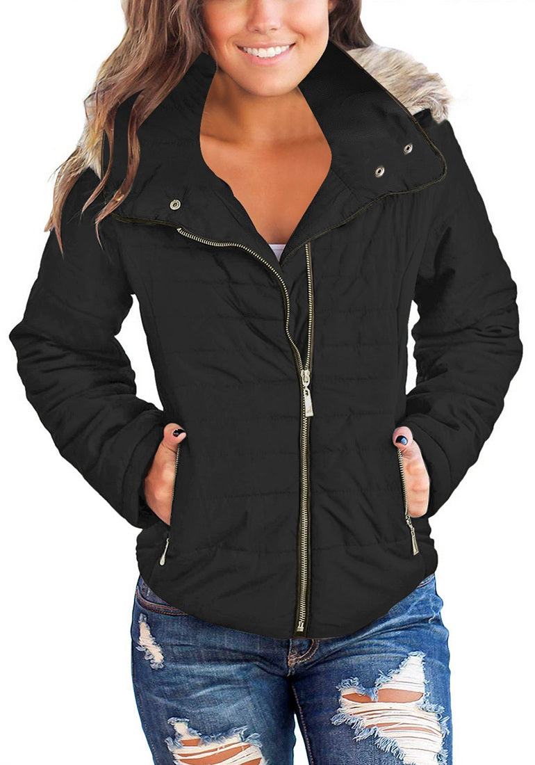 Black Faux Fur Collar Zip Up Quilted Jacket | Lookbook Store