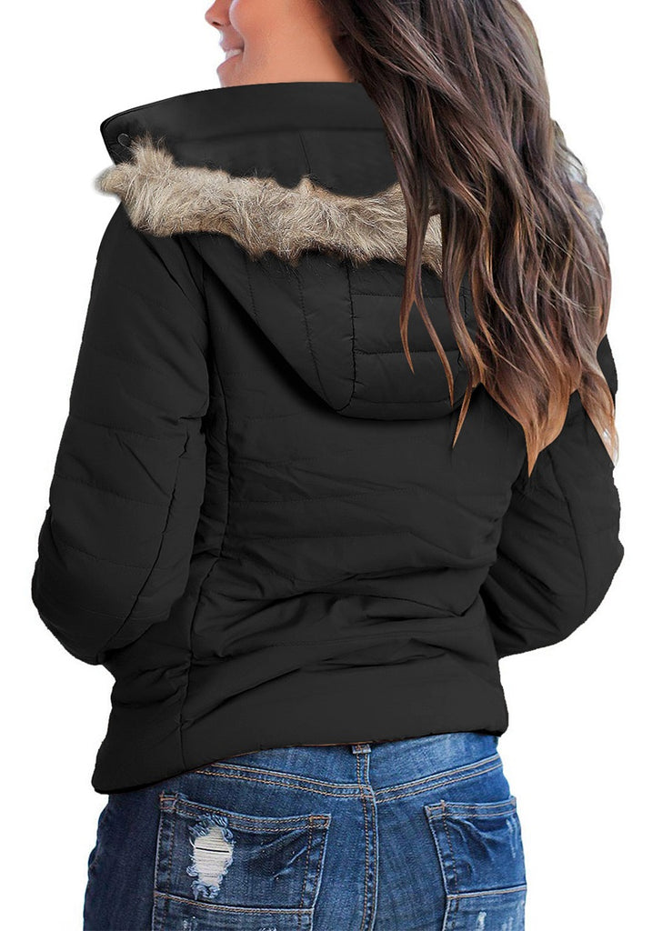Black Faux Fur Collar Zip Up Quilted Jacket | Lookbook Store