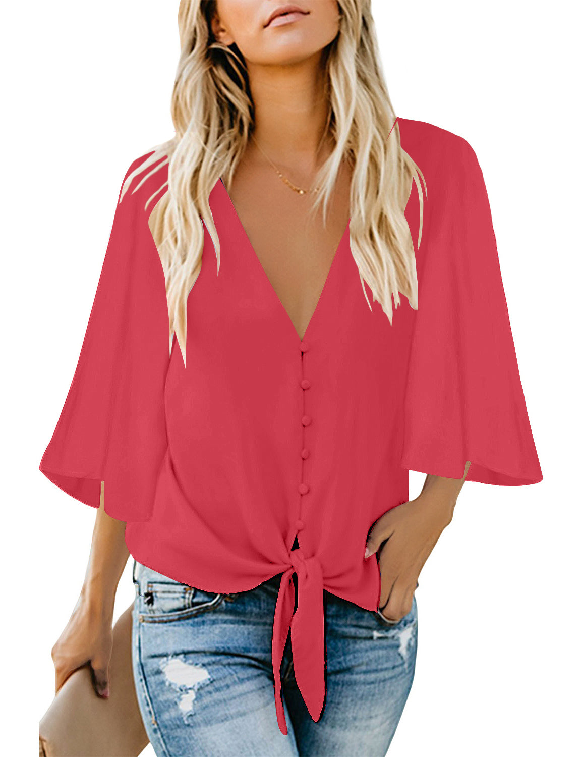 Women's V Neck Button Down Shirts 3/4 Bell Sleeve Tie Knot Blouse ...