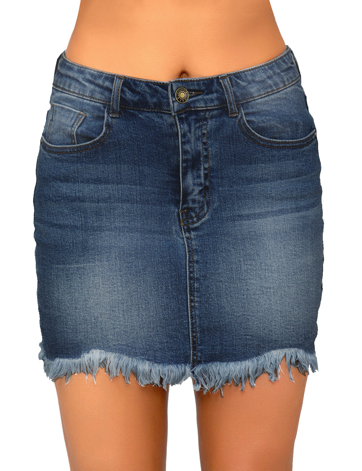 Navy Blue Frayed Hem Washed Denim Mini Skirt | Lookbook Store