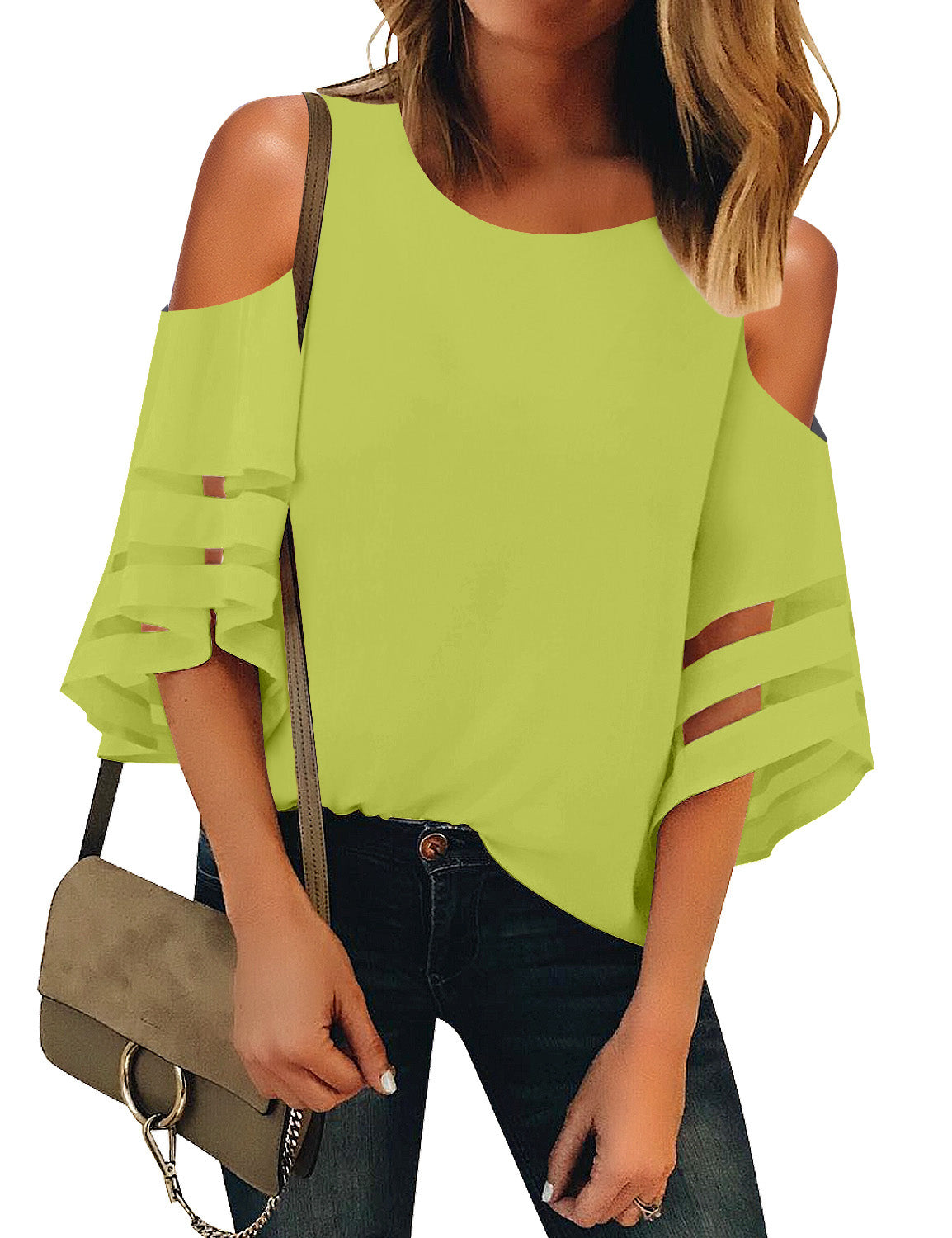 Women's Cold Shoulder Loose Shirt Tops 3/4 Bell Mesh Sleeve Blouse ...