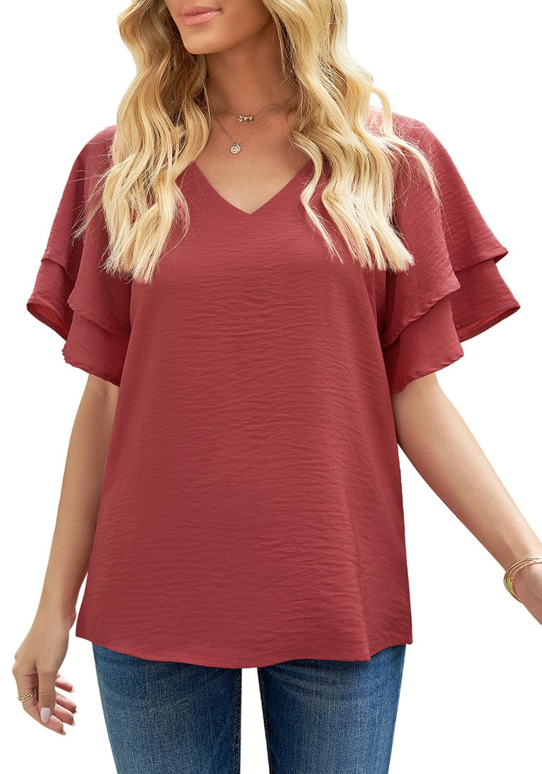 Red Casual V-Neck Short Ruffle Sleeves Cut-Out Back Top | Lookbook Store