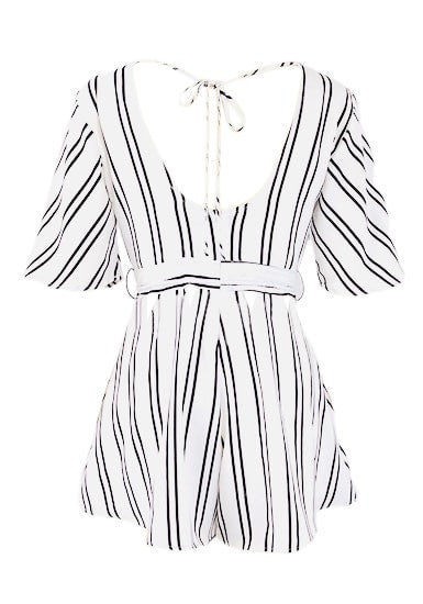 Striped Plunge Cutout Drawstring Romper | Lookbook Store