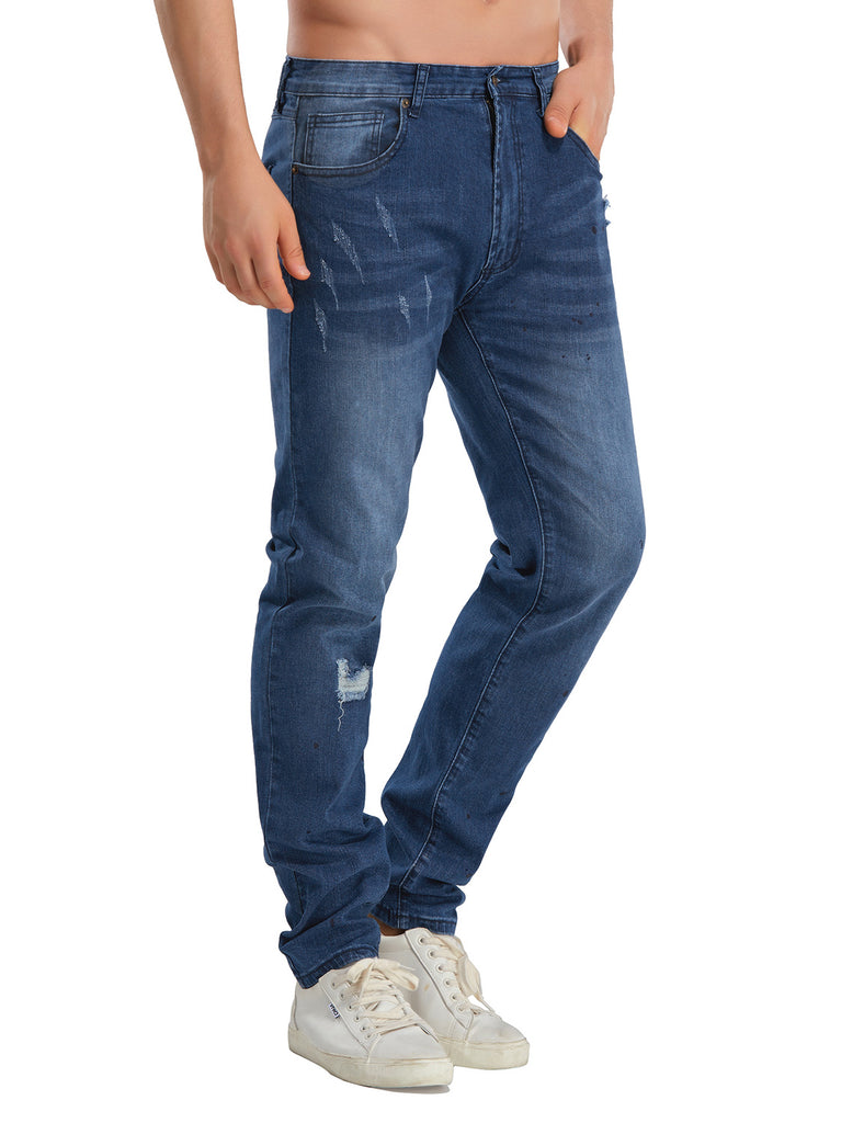 Men's dark blue casual ripped skinny jeans | Lookbook Store