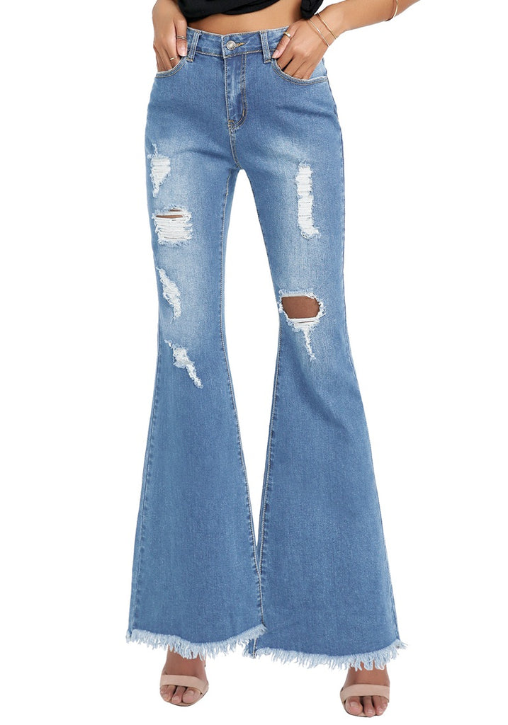 Blue Ripped Mid-Waist Flared Denim Jeans | Lookbook Store