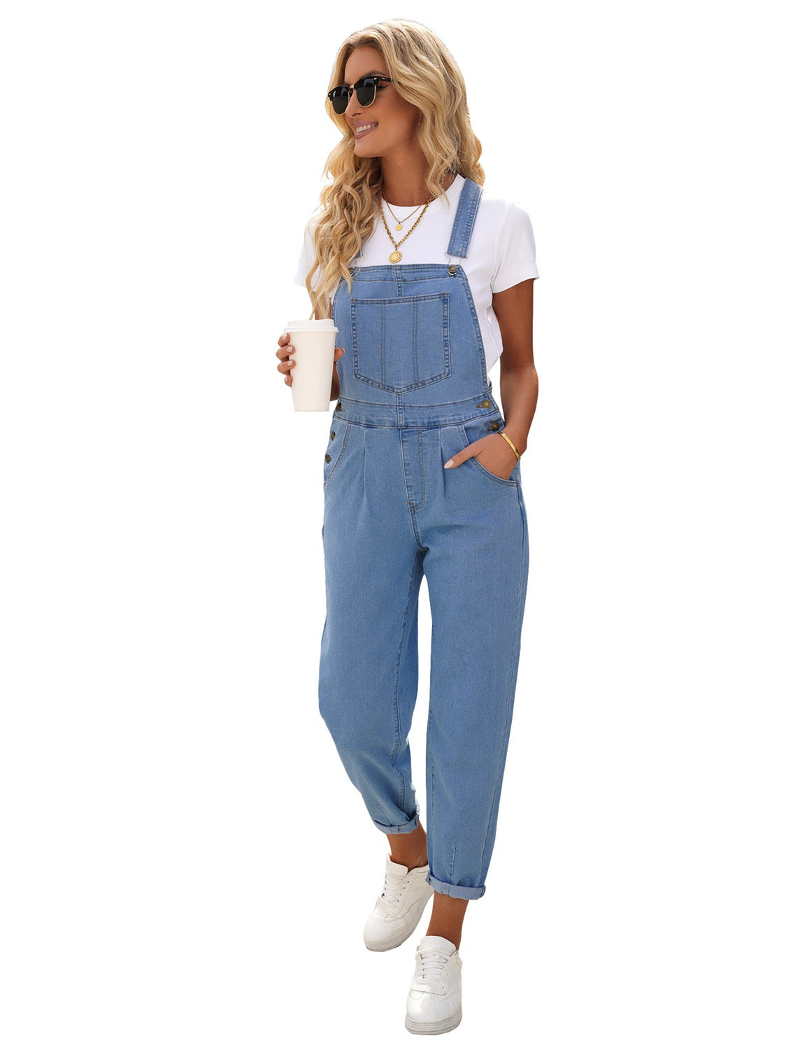 Light Blue Cuffed Denim Bib Jeans Overalls | Lookbook Store